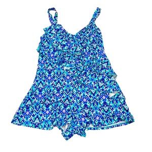 Fit 4 U Ruffled Blue & Teal Pattern One Piece Swimsuit